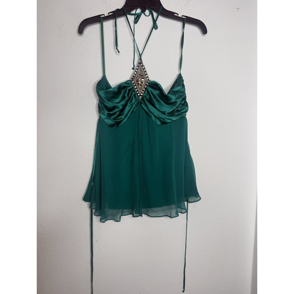 Vintage Arden B Silk Beaded Babydoll Top Emerald Green Y2K Women's L Fairycore